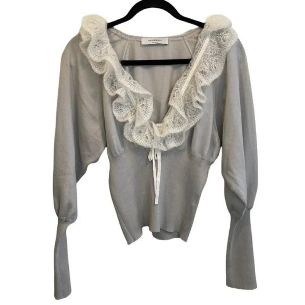 Viktor & Rolf Ruffle V-Neck Batwing Long Sleeve Top Sweater Gray Size M